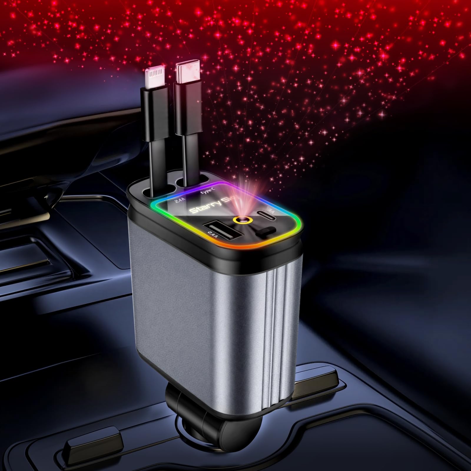 Photo 1 of 4 in 1 Retractable Car Charger Starlight Compatible with iPhone 16/15/14/13/12/11,Galaxy,Pixel