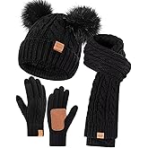 Winter Hat Scarf Glove Set for Women, Fleece Lined Beanie with Double Pom Pom, Touchscreen Gloves Knit Scarf for Cold Weather