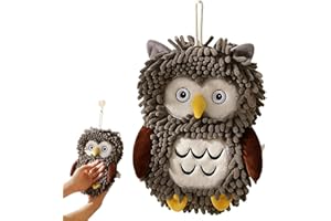 Chenille Hand Towel,Cartoon Owl Hand Towel with Fuzzy Balls,Ultra Soft Fast-Drying Hanging Hands Drying Cloth with Loop,Cute 