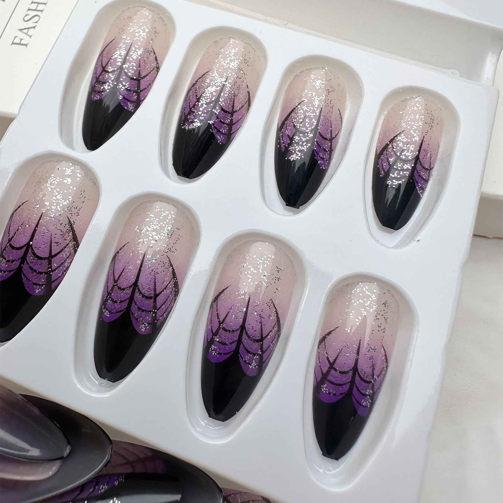 Halloween Press on Nails Short Almond Fake Nails Black Spider Web French Tip Acrylic Glue on Nails Full Cover Purple Gradient False Nail Stick on Nails Glossy Shiny Glitter False Nail for Women 24Pcs - Image 5