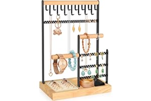 PAMANO Jewelry Organizer with Velvet Ring Holder 15 hooks Necklace Stand, 4-Tier Earring Display with 68 Holes, Bracelet Tree Tower Dresser Vanity - Black