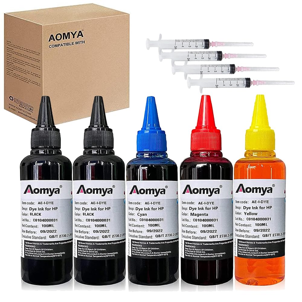 Ink Refill kit 5x100ml Compatible for HP 61 60 62 63 564 920 901 902 932 933 934 940 950 951 952 94 95 96 Printer Refillable Ink Cartridge CIS CISS System with 4 Free Syringes (2BK,C,M,Y)