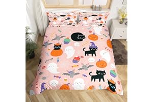 Erosebridal Happy Halloween Bedding Set Full Size Pumpkin Lantern Duvet Cover, Cobwebs Castle Comforter Cover Spooky Cat Bat Quilt Cover for Boys Girls Halloween Decor Halloween Decorations