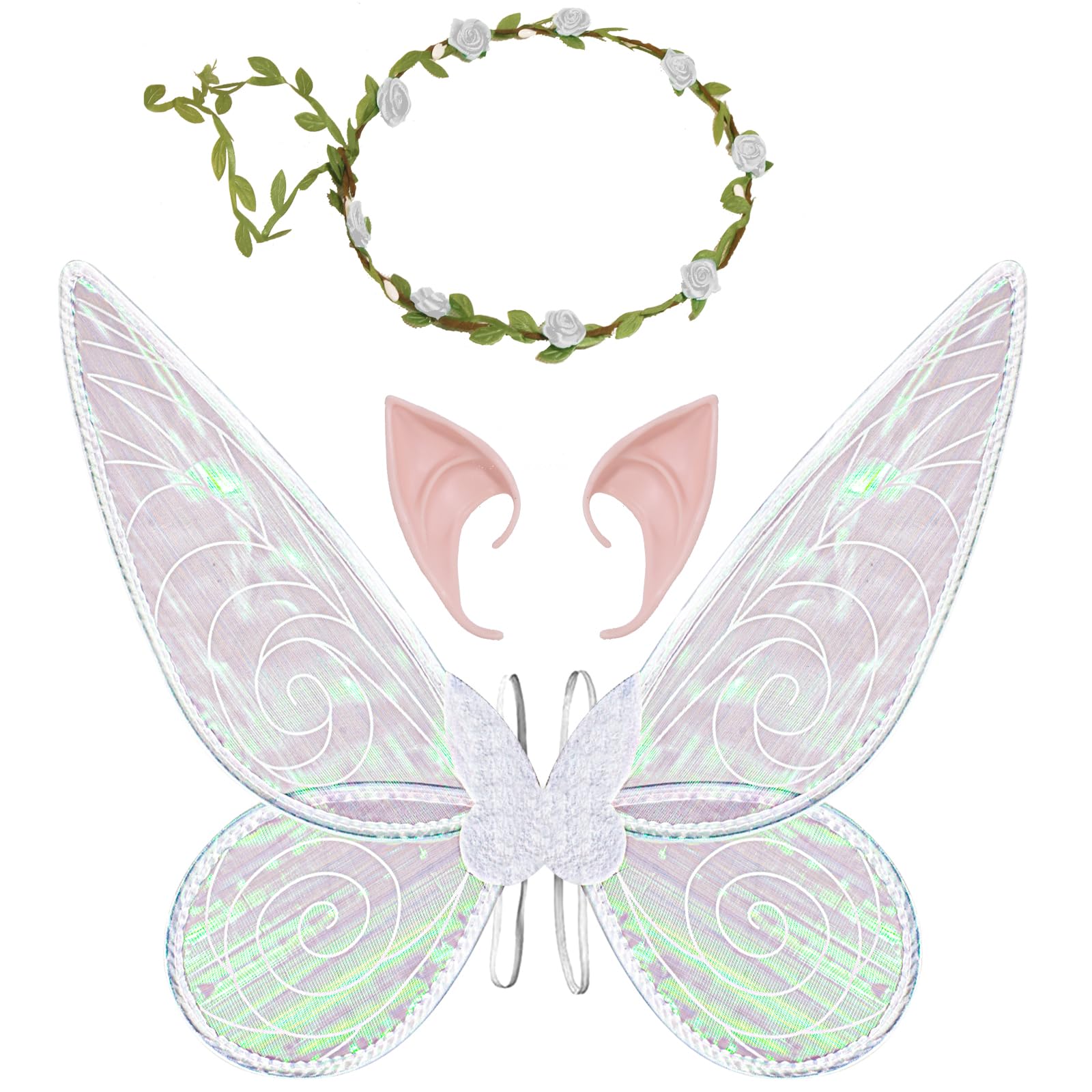 Fairy Wings for Girls Women,Butterfly Wings for Adults, Halloween Costume Angel Wings with Headband Elf Ears Dress Up Cosplay Party (White)