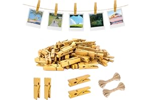 jijAcraft Mini Clothespins with String - 100Pcs Gold Wooden Clothes Pins, Small Photo Hanging Clips, Craft Clips for Picture, Cocktails Decor, Baby Shower, Wedding
