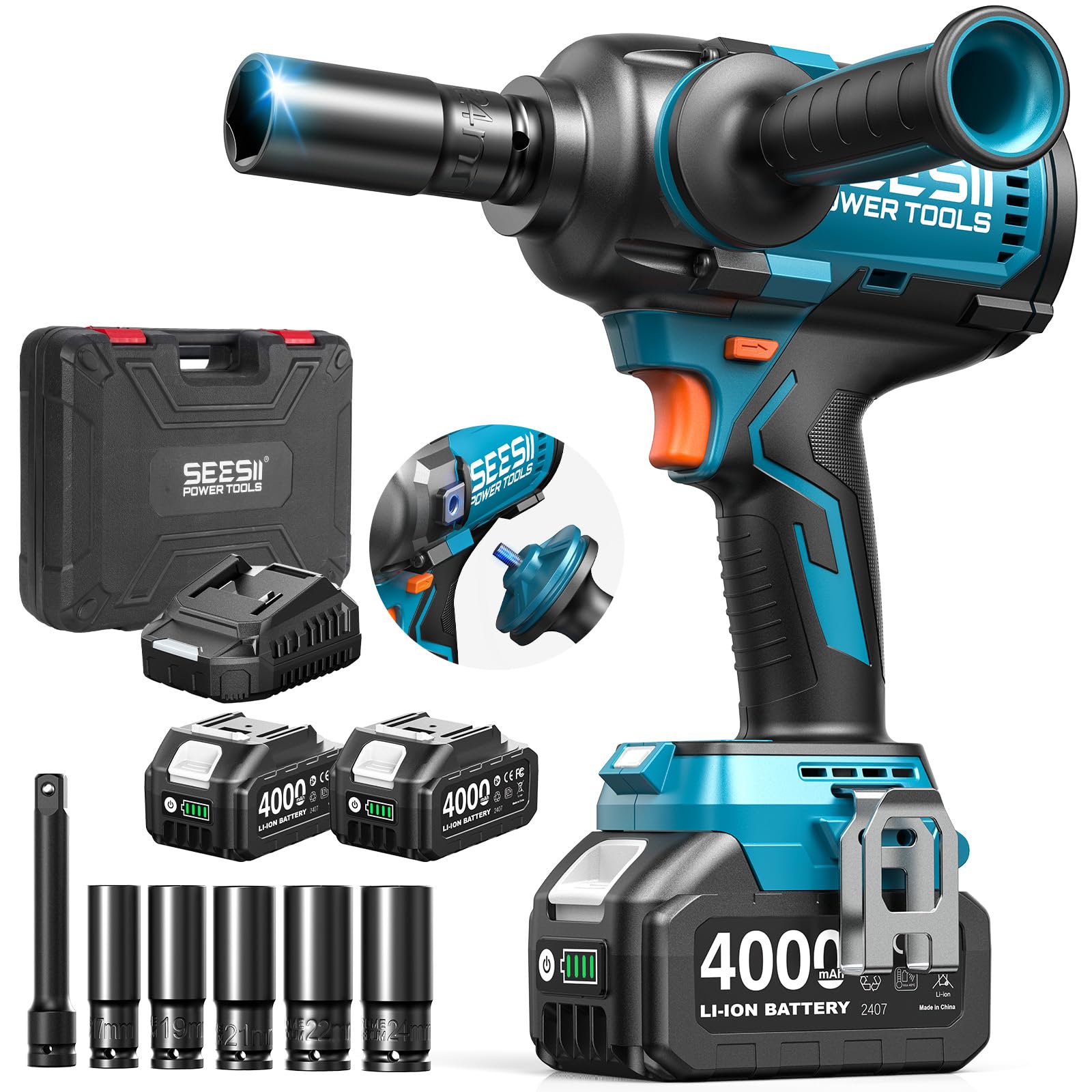 Photo 1 of SEESII Upgraded Impact Wrench 1180 Ft-lbs (1600 N·m): 1/2" High-Torque Impact Gun with Detachable Side Handle, 21V Cordless Impact Driver 2x 4.0Ah Batteries for Car/Pickup Truck/Mower/Industrial Tasks