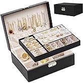 SYCARON Jewelry Box Organizer for Women, Jewelry Organizers 2 Layer Jewelry Storage Box PU Leather with Lock for Women Girls Rings Earrings Necklace Bracelets, Black