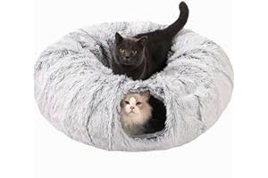 CLKHOWL Cat Tunnel Bed for Indoor Cats - Cute Cat Donut Tunnel with Washable Circle Cushion, Round Pet Play Toy for Kitten/Puppy/Rabbit, Grey