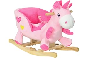 Qaba Baby Rocking Horse, Ride on Unicorn with 32 Songs, Toddler Rocker Toy with Wooden Base Seat Safety Belt for 1.5-3 Year Old, Pink