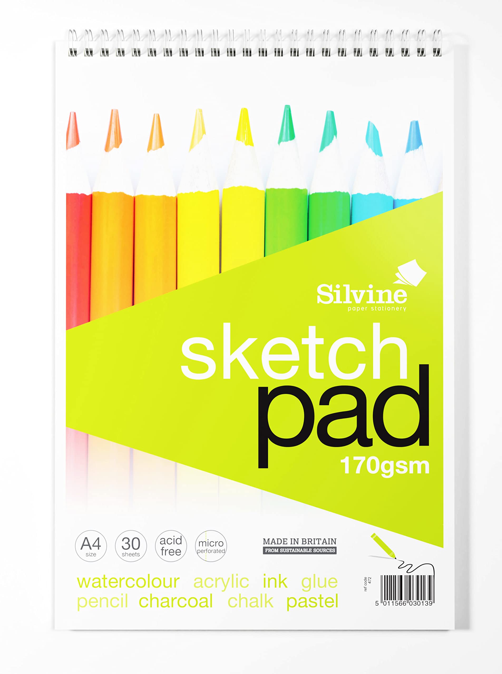 Silvine A4+ Wirebound Sketch Pad. 60 Pages (30 Sheets) 170gsm Smooth Cartridge Paper. Ref 472 - Packaging May Vary