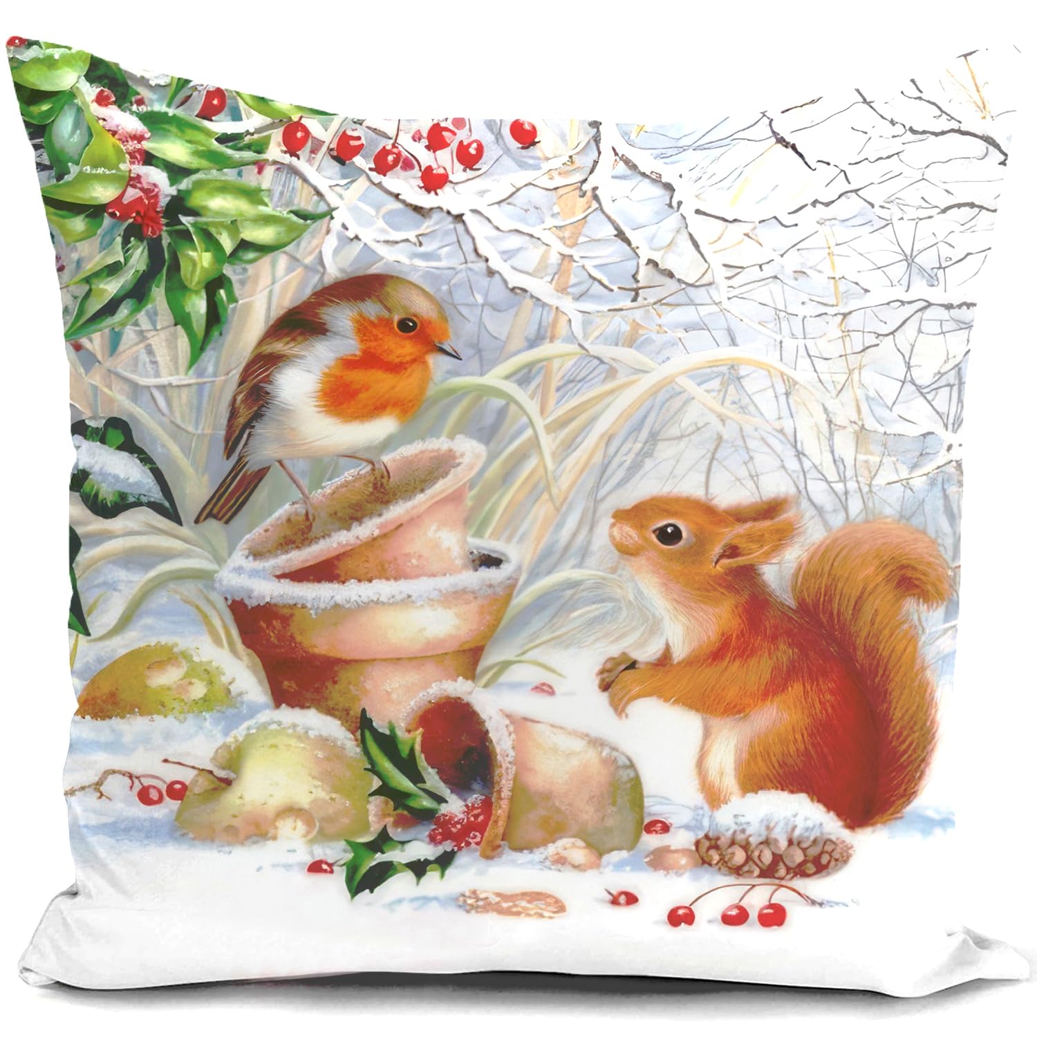 HUASHUZI Christmas Cushion Covers Xmas Decorations Throw Pillow Cover Winter Robin Bird Squirrel Animal Single Christmas Decor For Sofa Living Room Home 18x18 Inch 45x45cm — image 1