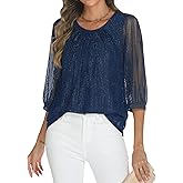 Relipop Womens 3/4 Sleeve Sparkle Top Casual Loose Fit Mesh Pleated Double Layered Tunic Tops