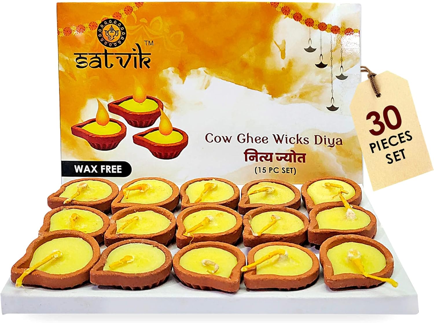 Oil Lamps & Accessories - SATVIK 30 Pc Nitya Pujan Cow Ghee Wicks in Mitti Diya Set. Made of Pure Cow Ghee Wicks. Tibetan Tea Light Ghee Wicks (15x2 Pack). Daily Pooja. Indian Housewarming Return Gift Items Bulk