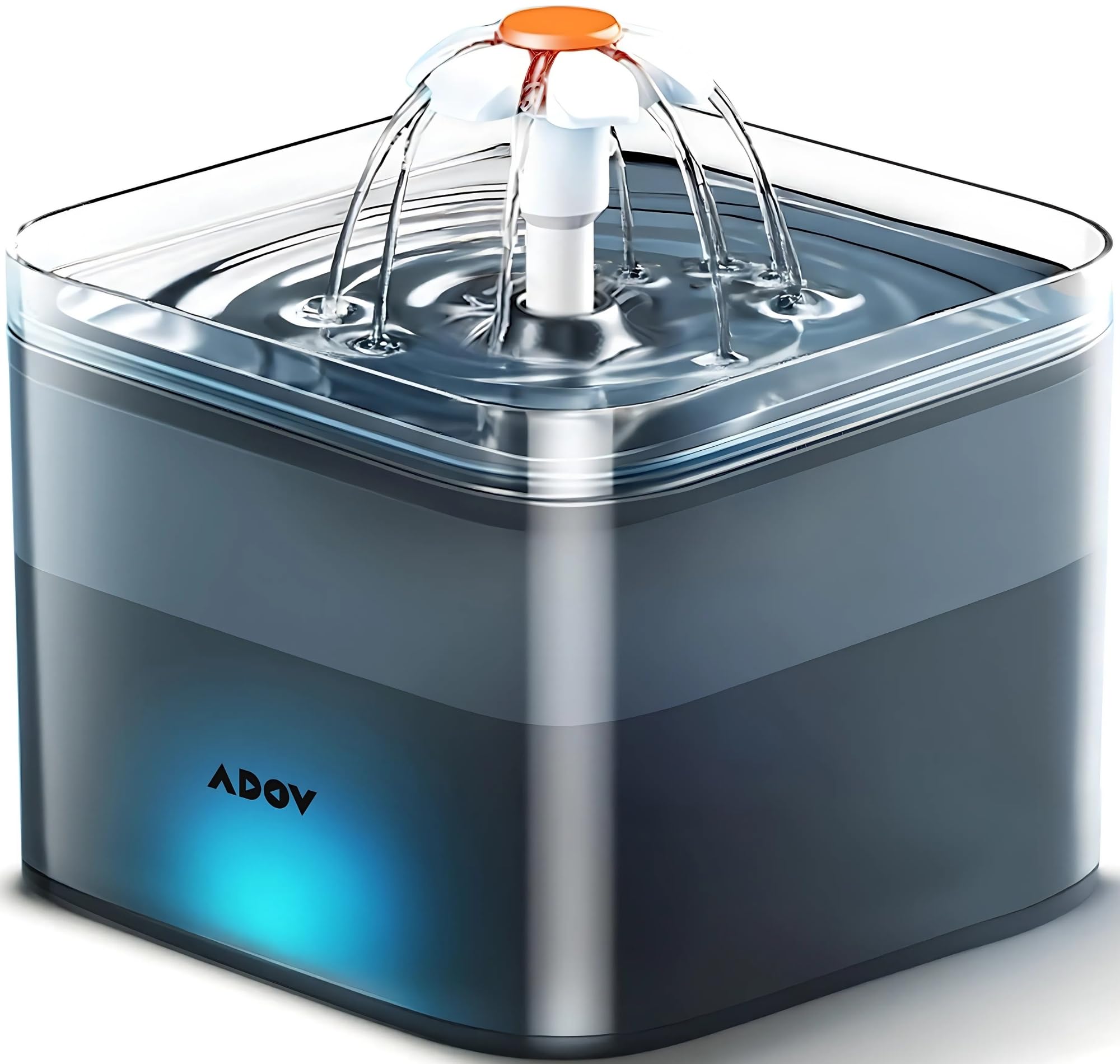 ADOV Cat Water Fountain for Drinking 2L, Automatic Pet Water Dispenser with Ultra Silent Pump, LED Light and Activated Carbon Filter, Fresh Hygienic Water Bowl for Cats, Kittens and Small Dogs - Grey