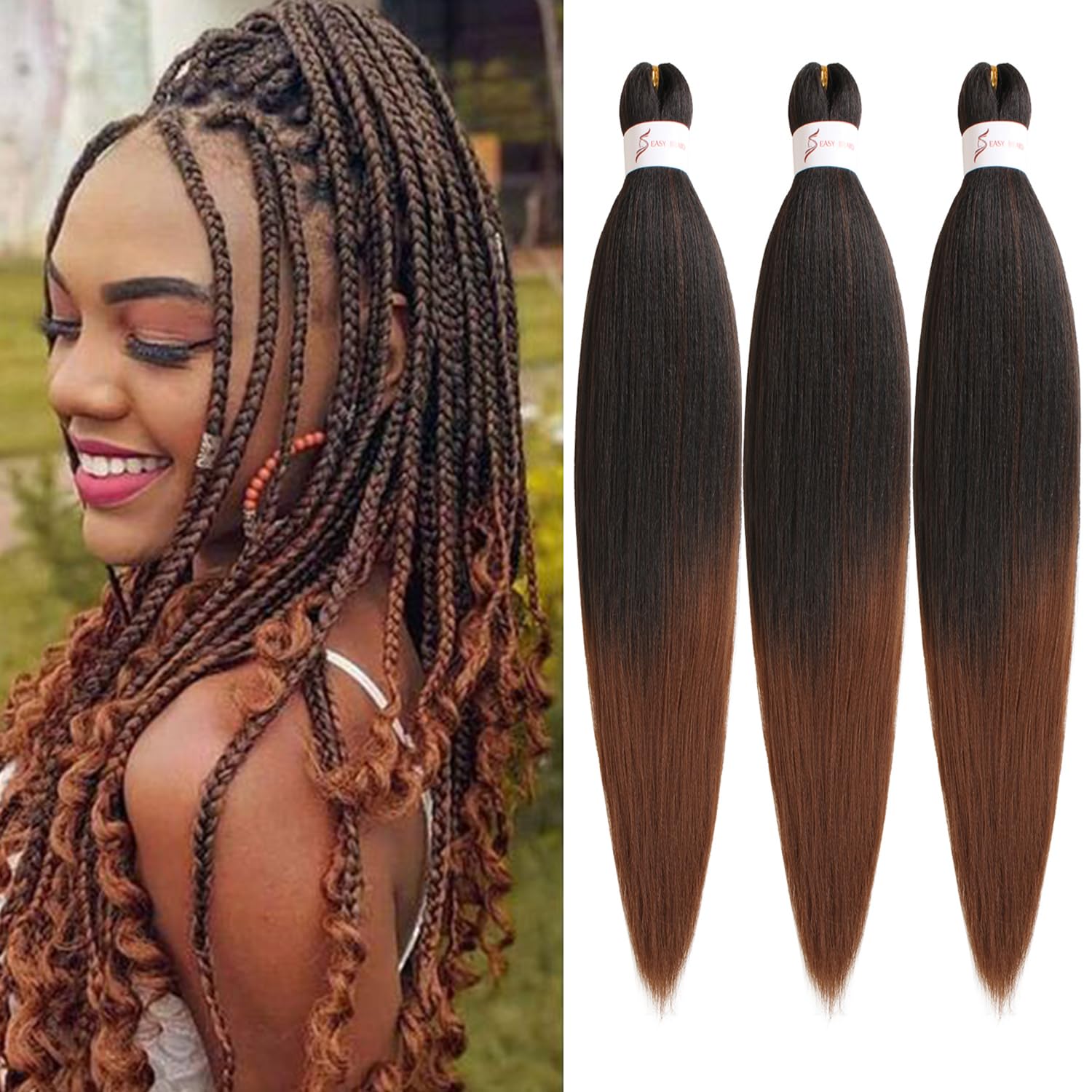 Mscat 20 Inch 3 Packs Pre Stretched Braiding Hair Ombre Brown Pre Stretched Braiding Professional Synthetic Prestretched Crochet Braids Hair Extension Hot Water Setting Yaki Texture (T30#) โ image 1