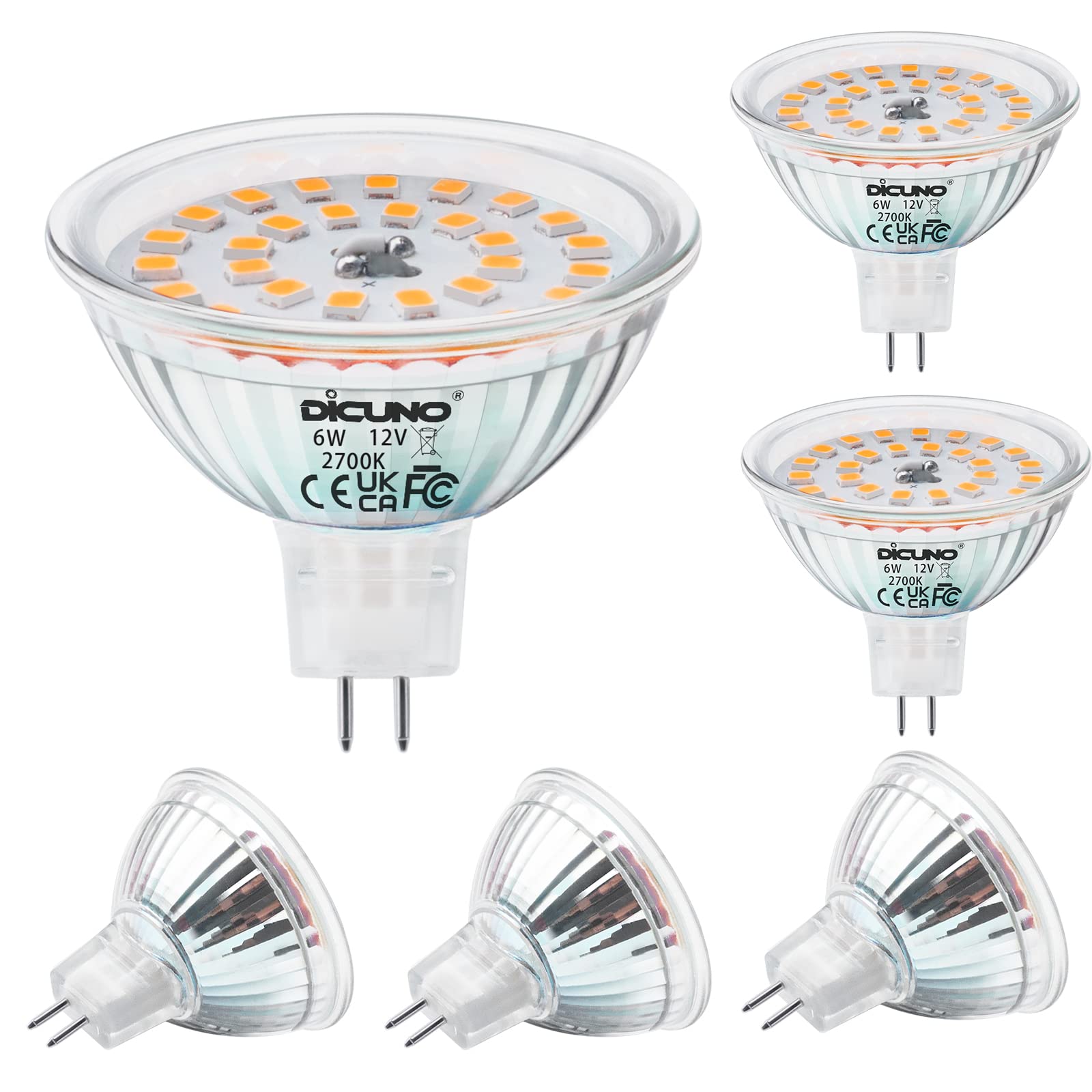DiCUNO MR16 LED Light Bulbs 6W, GU5.3 Spotlight Bulb 12V, Equivalent to 70W Halogen, Warm White 2700K, 530LM, 120° Beam Angle, GU5.3 Bi-Pin Base Track Light, 6 Packs