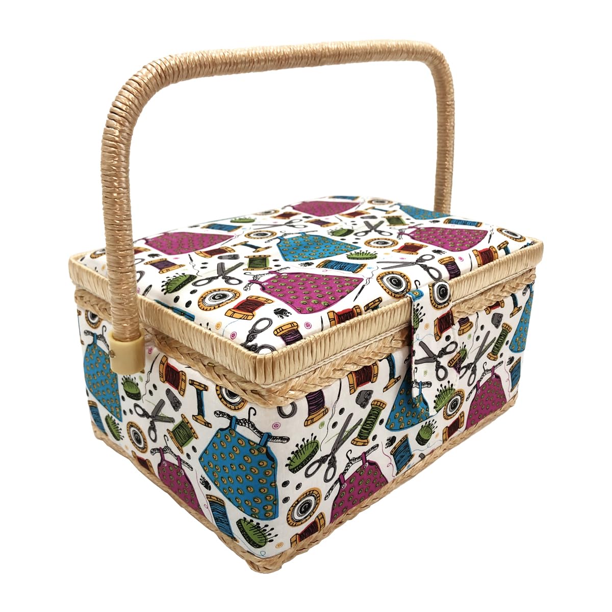 Medium Empty Wooden Sewing Box, Fabric Lined Sewing Box with 4 Compartments, Organizer with Pin, Storage Box with Handle, Accessory Tray, (Medium, Threads)