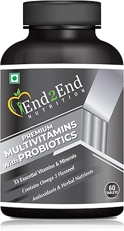 End2End Nutrition Premium Daily Multivitamin with Probiotics Omega Flaxseed Ginseng extract Vitamin C(33 Vital Nutrients,Vitamins,Minerals,Enzymes,Antioxidants)-60 Tablets