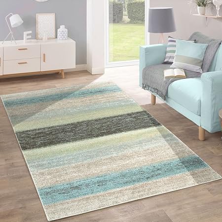 Paco Home Designer Teppich Modern Wohnzimmer Farbverlauf Streifen Muster Pastell Grün Blau Creme, Grösse:70x140 cm