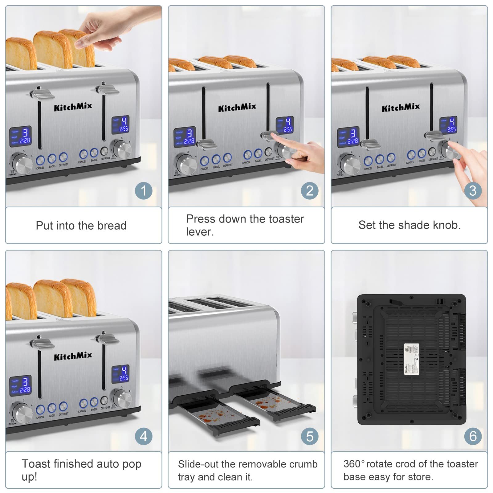 Tostadora de 4 rebanadas, tostadora de acero inoxidable KitchMix Bagel con temporizador LCD, ranuras extra anchas, pantalla doble, bandeja para migas extraíble (acero inoxidable)