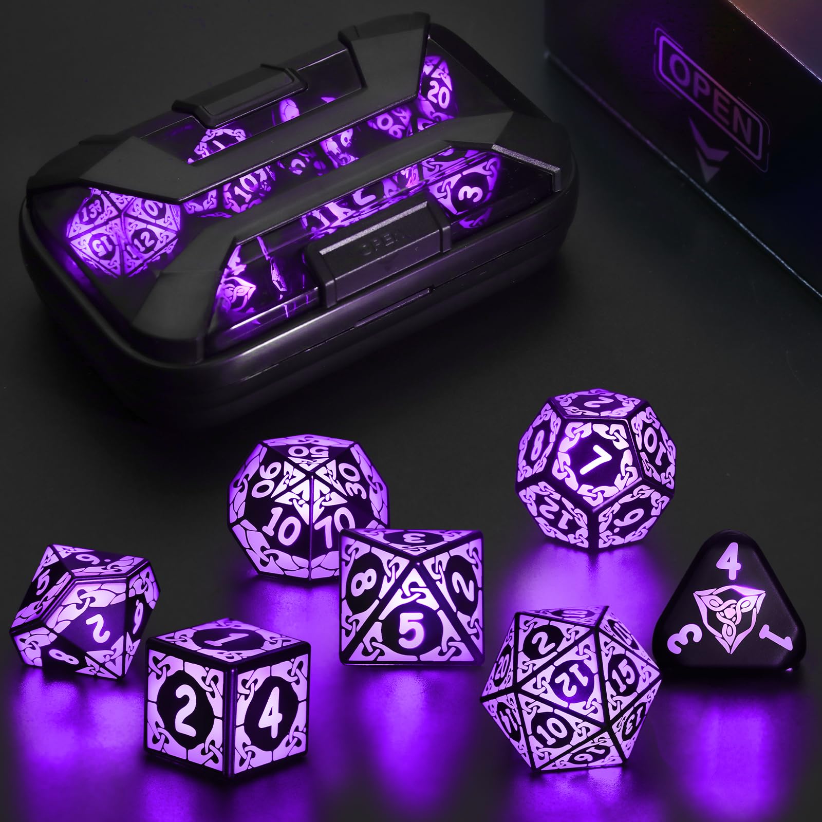 LED Dice Set DND, Cool Light up Dice Set Rechargeable for Dungeons and Dragons, ZHOORQI Polyhedral D and D Dice with Charging Box for Role Playing Game Gifts (Purple-Shackles) — image 1