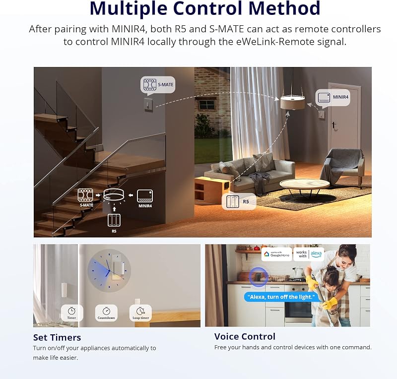 MINI R4 4PCS WiFi Smart Switch 2-Way, Interruttore intelligente DIY, modalità relè staccabile, WiFi 2.4G, controllo APP, Funziona con Alexa, Google Home Assistant, controllo remoto eWeLink