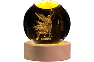 QIANCHANG Sagittarius Constellation Crystal Ball with LED Light Stand, 60mm 3D Laser Etched Glass Sphere Decorative Balls, Zodiac Astrology Birthday Gifts for Women Kids
