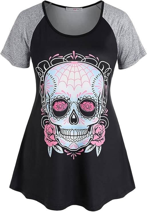 Gothic T Shirts Women Plus Size Raglan Sleeve Skull Print Black Tops