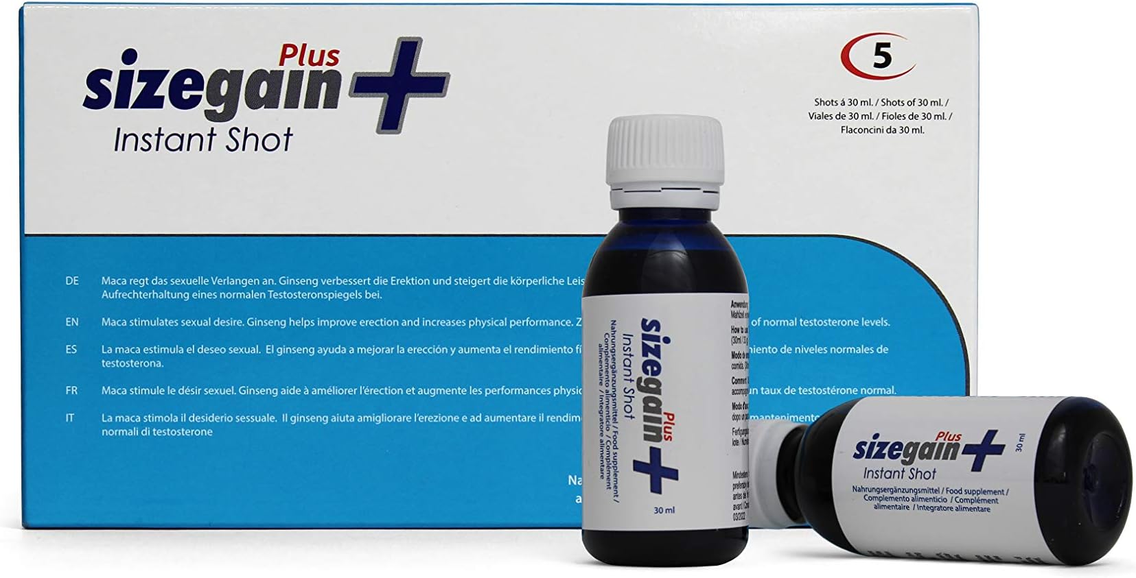 Sizegain Plus Instant Shot: Natural Drink to Increase Male Sexual Potency 30ml (5 Bottles per Box)