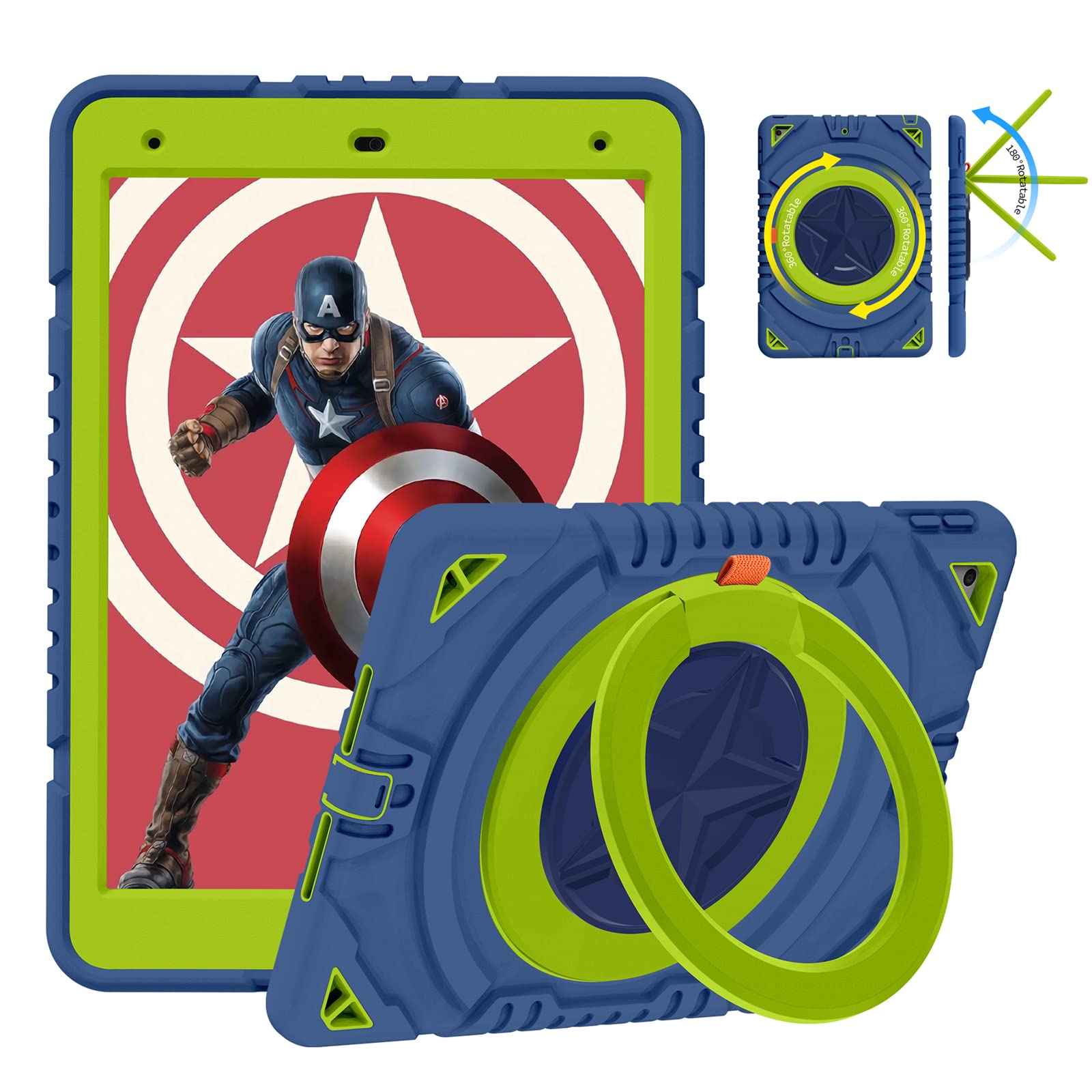 XZC iPad 9th/ 8th/ 7th Generation Case (iPad 10.2inch Case 2021/2020/2019) Heavy Duty Shockproof Bumper Cover with 360 Rotating Stand/Pencil Holder/Strap (Blue 2)