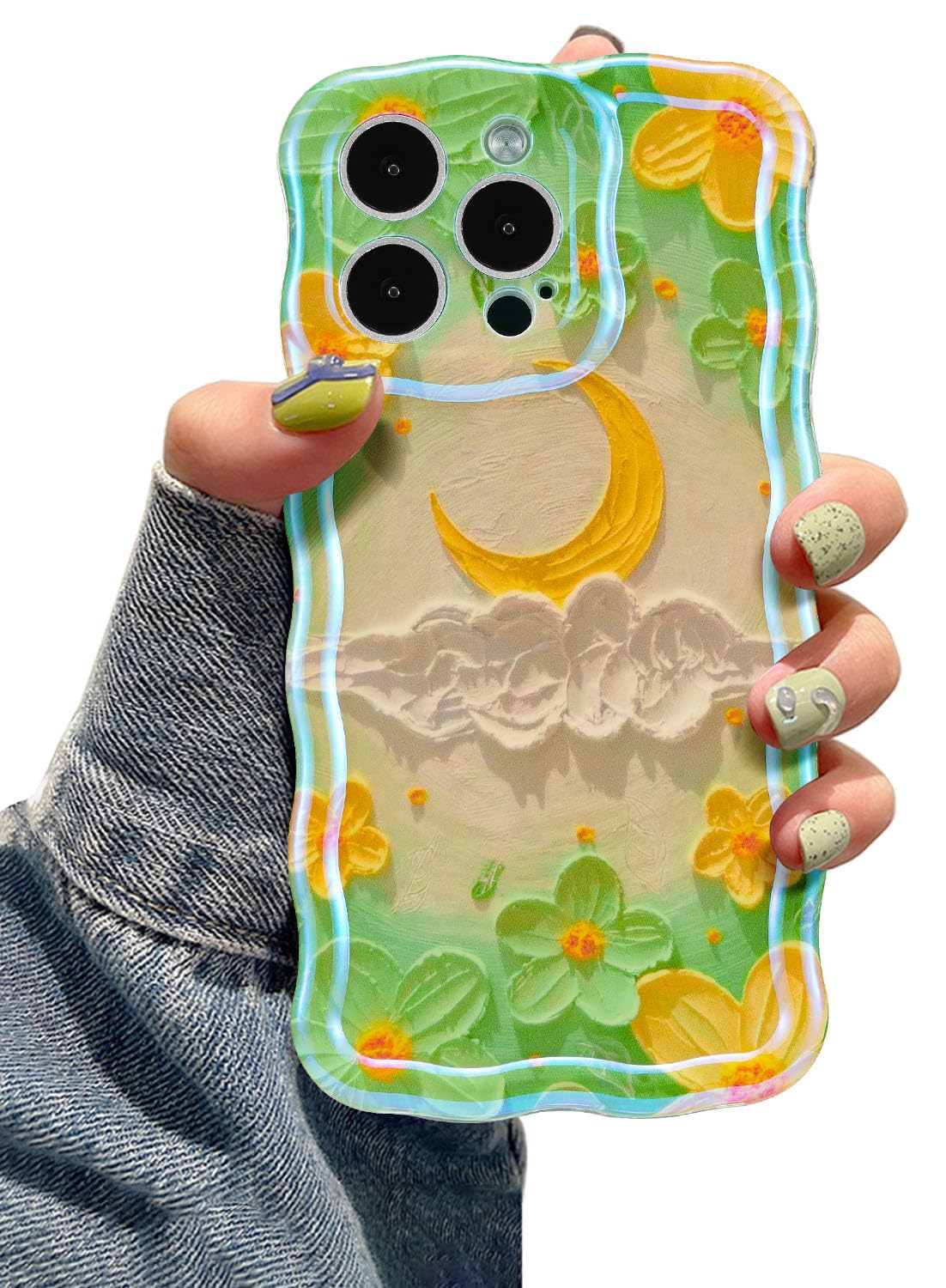 EYZUTAK Case for iPhone 14 Pro Max, Colorful Retro Oil Painting Flower Moon Pattern Laser Cute Curly Wave Edge Exquisite Phone Cover Stylish Durable TPU Protective Case for Girls Women - Moon/Green