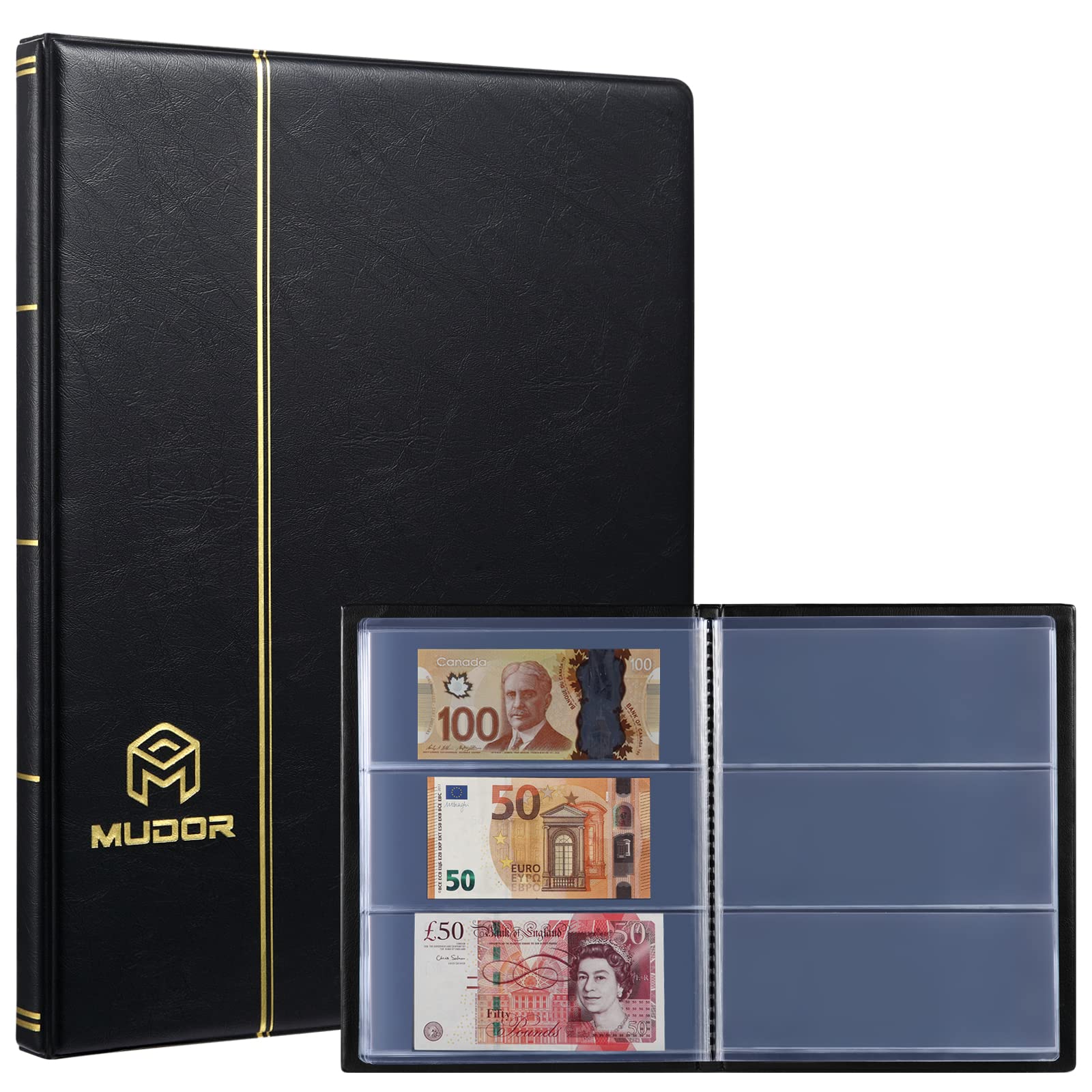 MUROAD Currency Album, 20 Sheets Clear Currency Sleeves, 60 Pockets Currency Holder for Bills, Currency Album Fits Euro Currency And Currency Foreign (Transparent Page)
