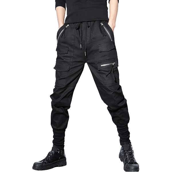 MOKEWEN Men's Straps Buckle Pocket Jogger Harem Pants - Drawstring Elastic Waist, Black, Size 34-35