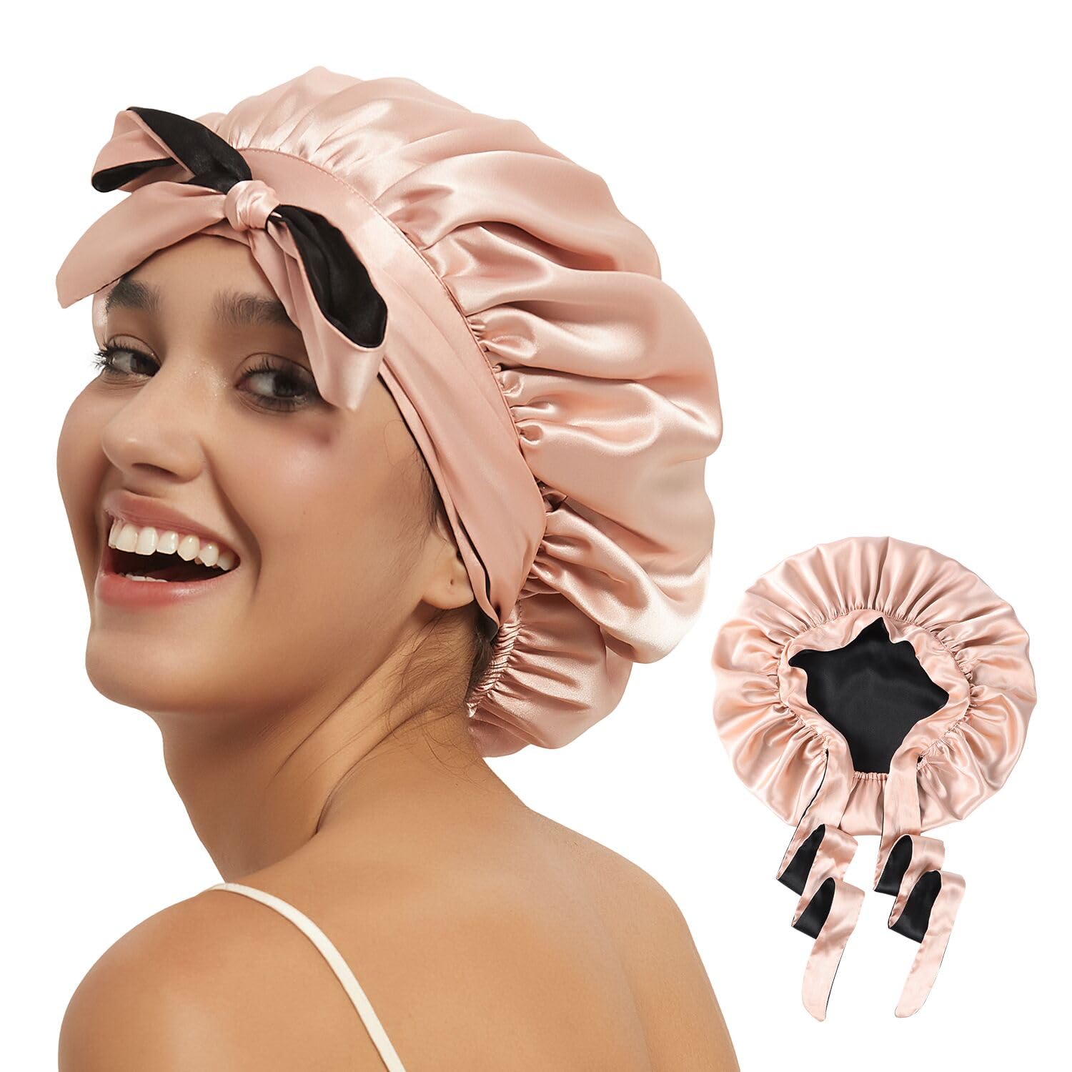 Hat Hut Satin Bonnet for Sleeping Cap for Curly Hair Women Double Layer Reversible Bonnet with Tie Band (Pink/Black)