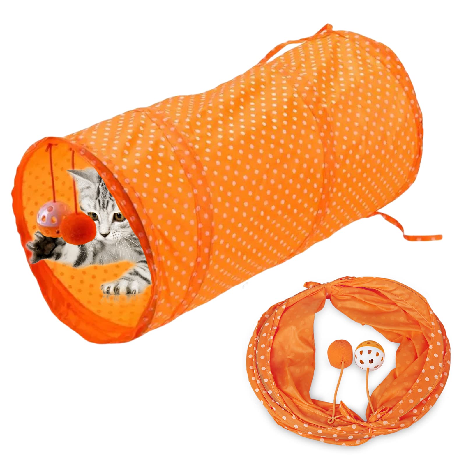 SEMINISMAR Cat Tunnel Toy, Foldable Pet Cat Tunnel, Cat Maze, Pet Play Channel, Orange Print Cat Channel, Bell And Wrinkle Ball, Pet Interaction For Kittens, Puppies, Rabbits