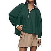 Soamat Womens Half Zip Blouses Puff Long Sleeve Henley Shirts Dressy Casual Contrast Collared Loose Fit Swing Tunic Tops