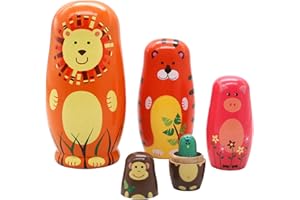 Conzy Russian Nesting Dolls for Kids, Stacking Wooden Handmade Matryoshka Dolls, 5 Piece Cute Cartoon Animal Pattern, Great Toy Gift for Girls Boys' Birthday or Home Decoration (Orange)