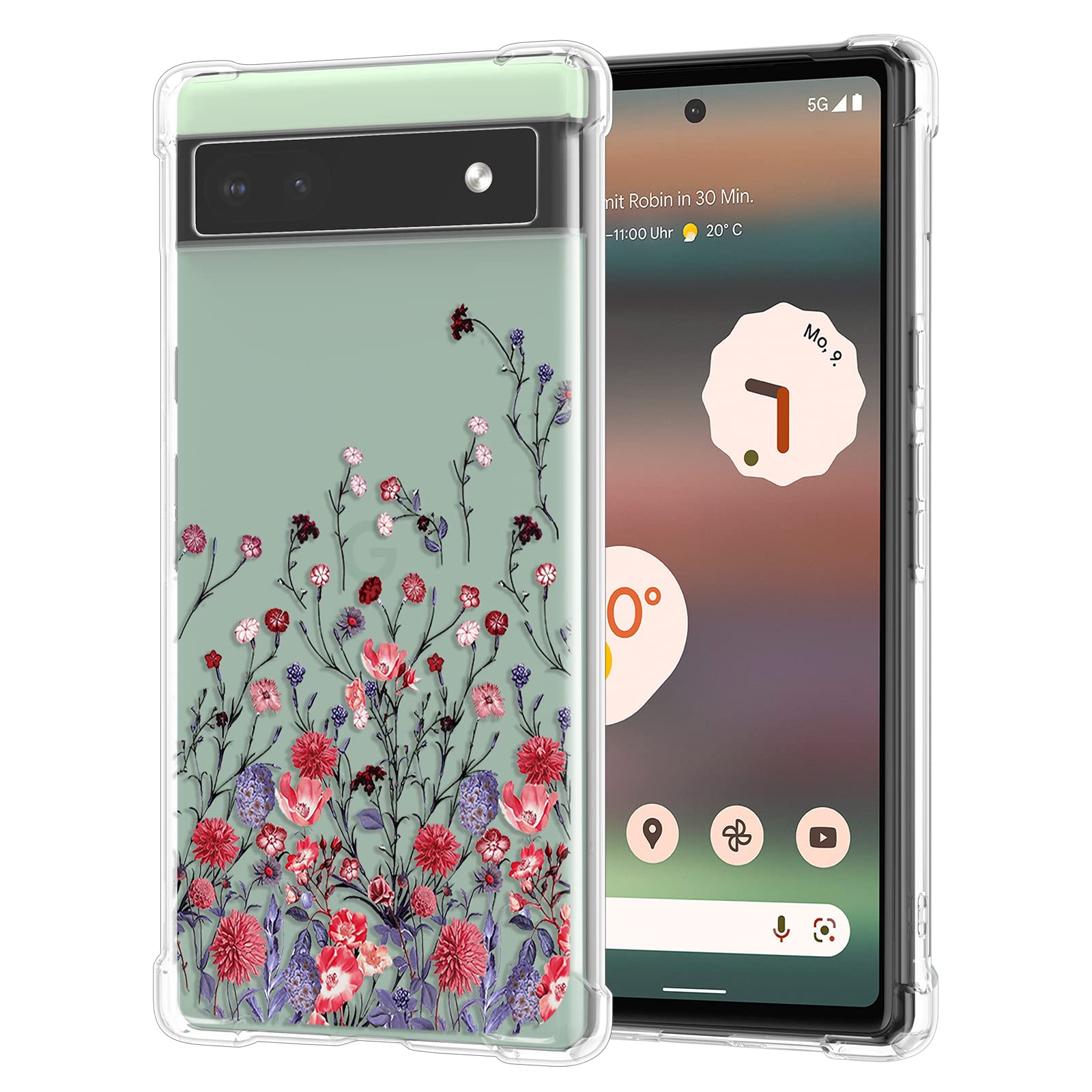 RALEAVO Compatible with Google Pixel 7 Clear Floral Case Girly Soft Slim Bumper Case with Flower Pattern-Red Flower — image 1