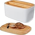 Sonder Los Angeles, Modern Bamboo Fiber (White) Bread Box for Kitchen Countertop with Reversible Wood Serving Lid, Homemade Bread Storage 14.25 x 9.25 x 7in, Storage Bin and Bread Container