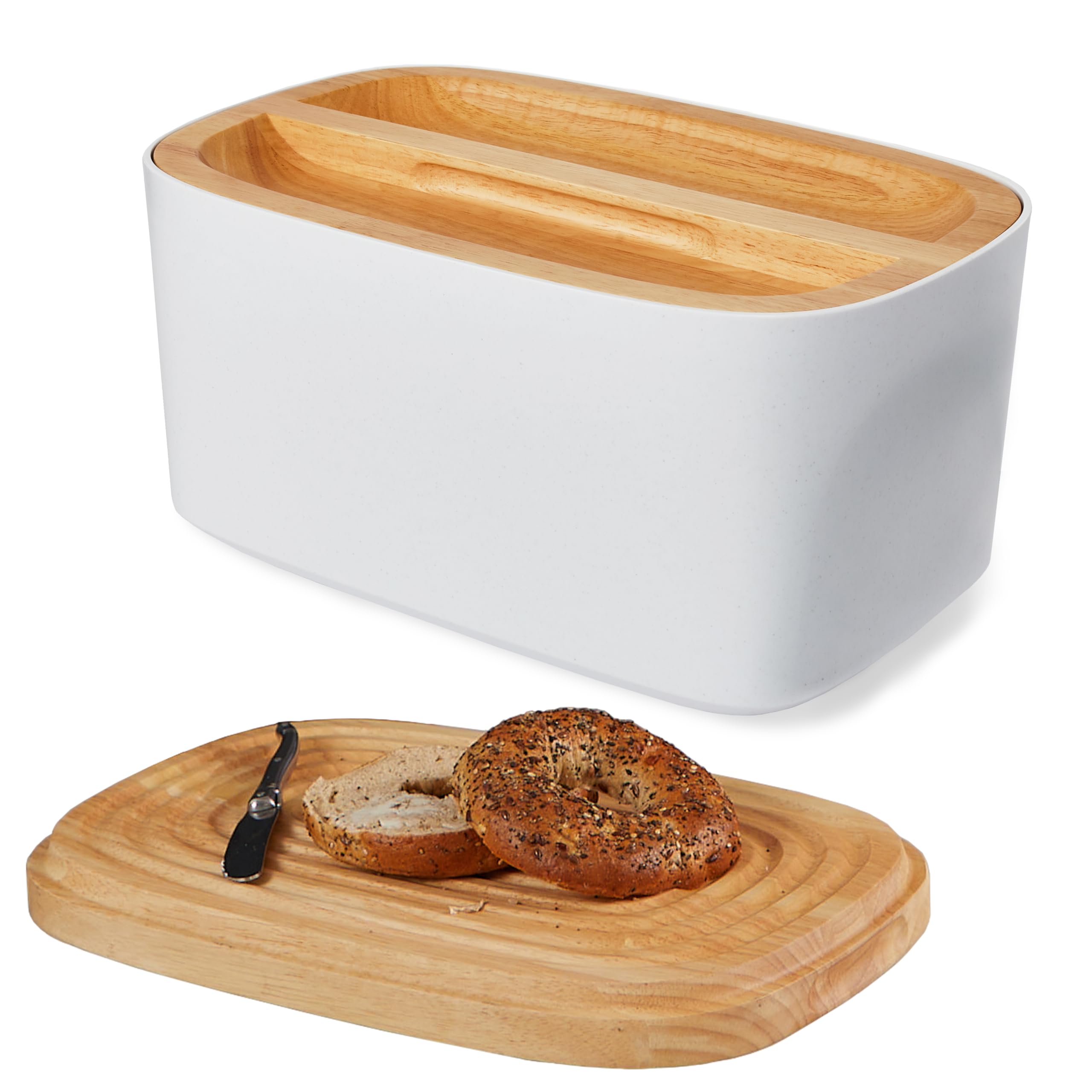 Sonder Los Angeles, Modern Bamboo Fiber and Recycled Plastic Bread Box (White) for Kitchen Countertop with Reversible Cutting Board Lid, Homemade Bread Bin Storage Container 14.25 x 9.25 x 7 in