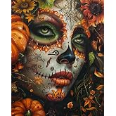 Paint by Number Day of the Dead Halloween Woman Painting DIY Painting Canvas with Brushes Acrylic Paints Pumpkin Spider Web Paint by Numbers for Adults and Kids Beginner 16x20 Inch（without Frame）