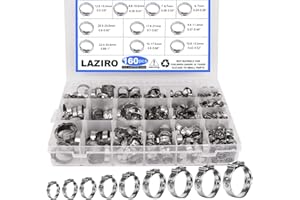 LAZIRO 160Pcs (6mm-25.6mm)1/4""-1""Single Ear Hose Clamp Hose Crimp Clamps Ear Crimp Rings Ear Stepless Hose Clamp Pinch Clamps for Hose Pipe Clamp Tools (Single Ear Hose Clamps Kit), Silver