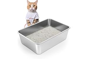 IKITCHEN Stainless Steel Cat Litter Box, Large High Side Metal Litter Box for Cats Rabbits, Never Absorbs Odors, Easy to Clean, Non Stick, Anti-Slip Rubber Bottom 19.5" L x 13.5" W x 8" H