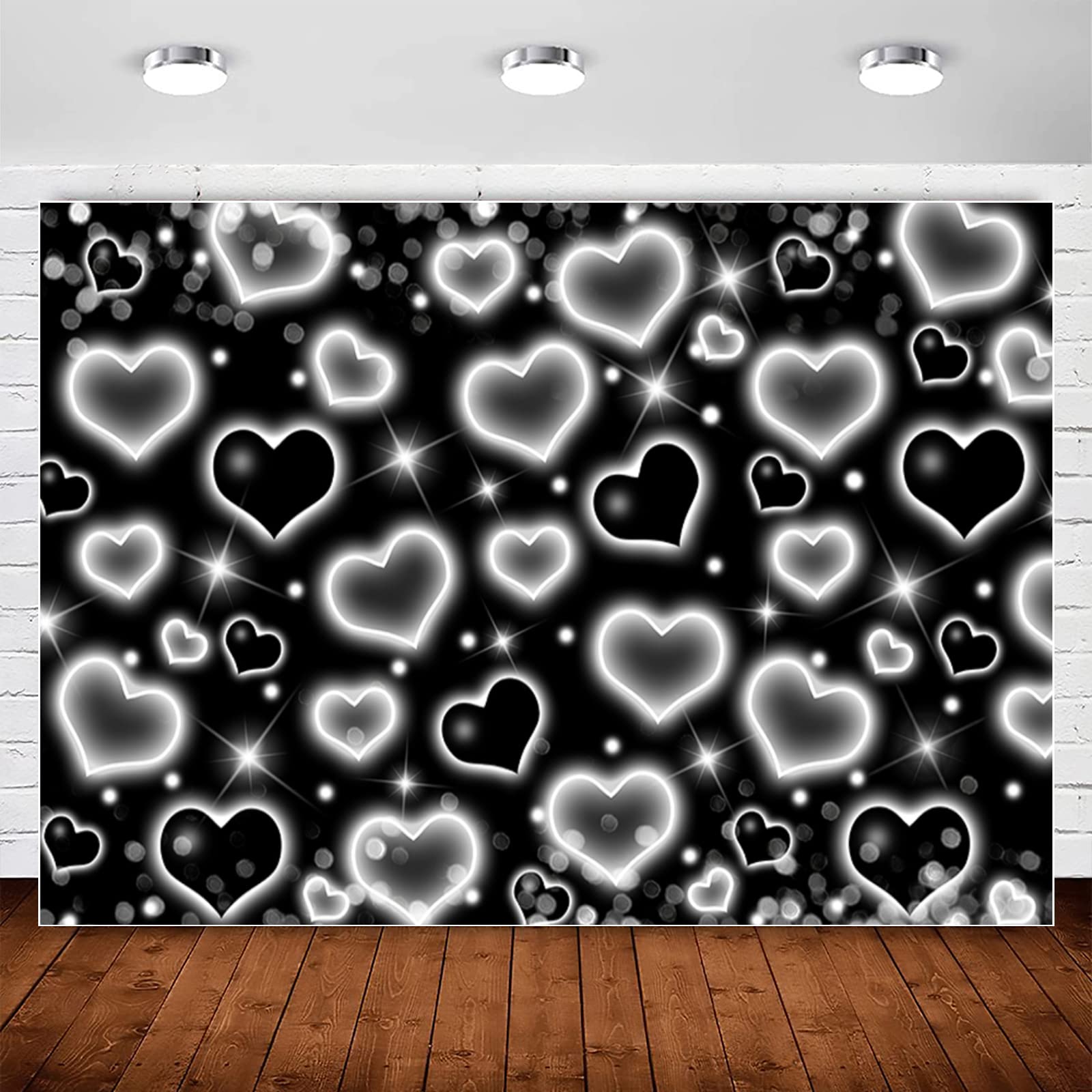 Photo 1 of Early 2000s Backdrop for 90s Y2K Old School Photoshoot Glitter Black Heart Backdrops Women Adult Happy Birthday Party Banner Decorations Valentine's Day Photography Background Selfile Wall Decor 7x5ft