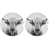 xigua Absorbent Car Coasters 2 Pack, Ceramic Coaster with Cork Back and Finger Slot, Highland Cow Car Cup Coasters 2.56