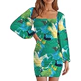 OKIFOIR Women Long Sleeve Floral Print Mini Fall Dress Square Neck Bodycon Ruched Cocktail Party Homecoming Dresses 2026
