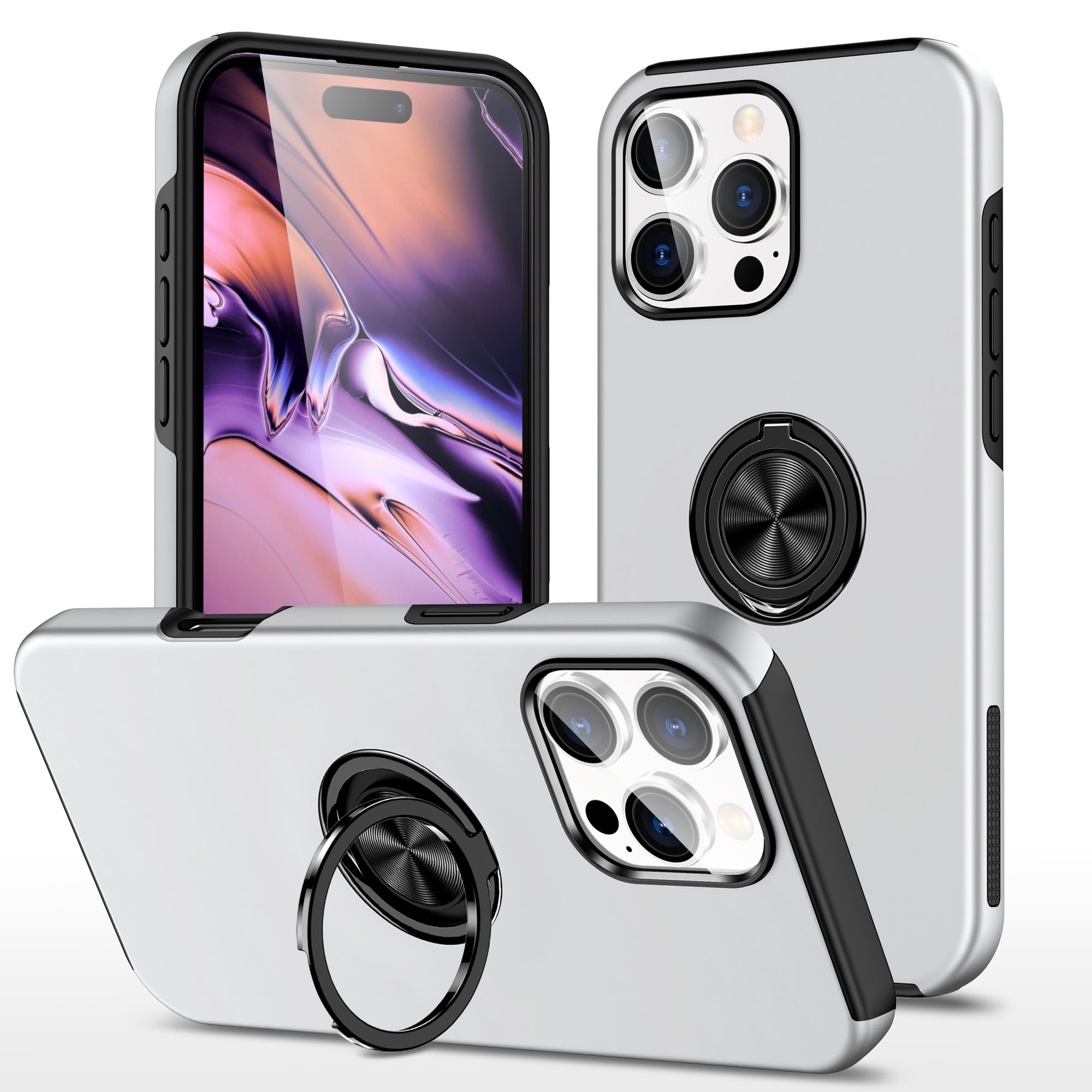 EYZUTAK Case for iPhone 16 Pro Max, 360 Degree Rotation Magnetic Metal Finger Ring Holder Magnet Car Holder Inner Silicone with Camera Protection Glossy Anti-drop Hard Cover - Silver