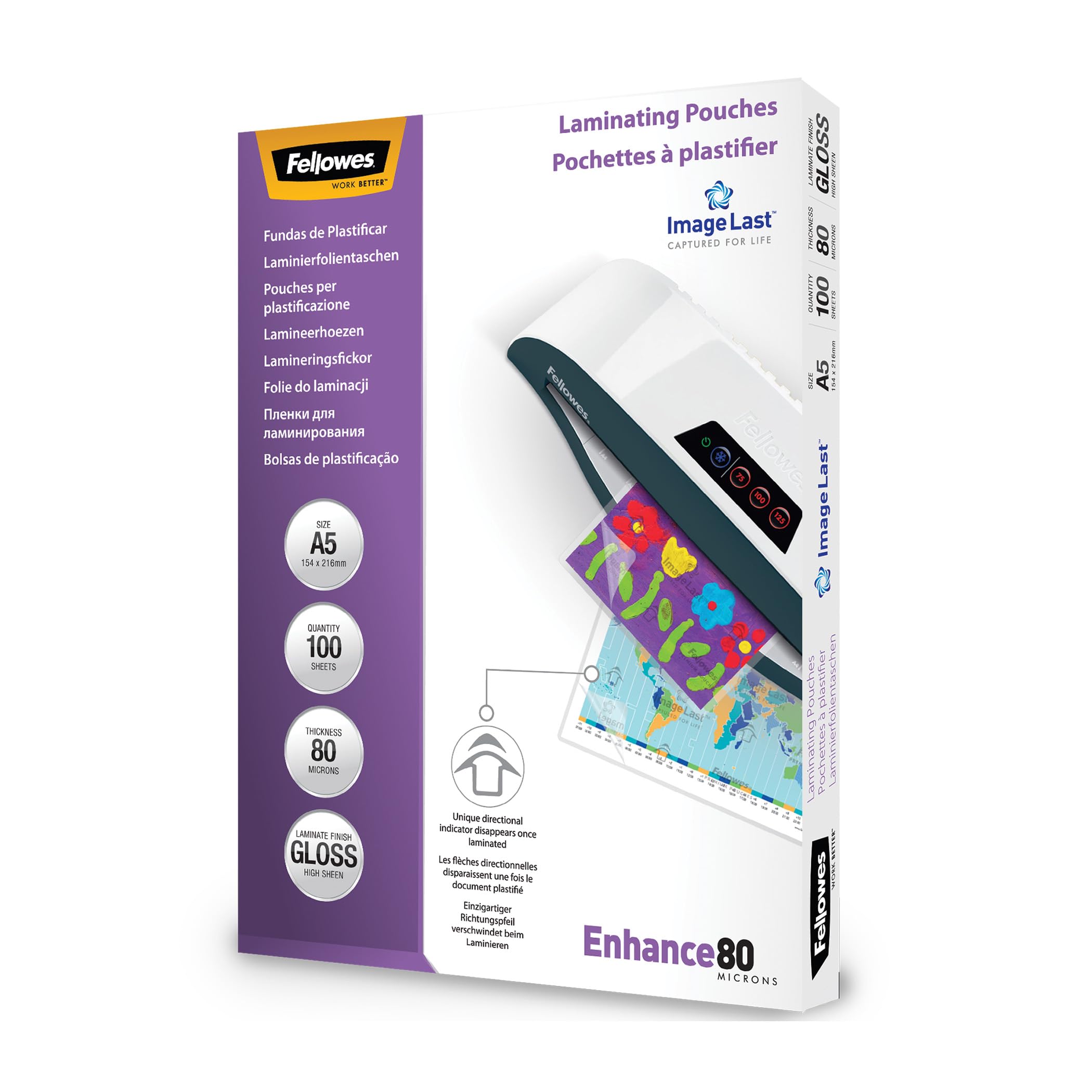 Fellowes Enhance A5 80 Micron Laminating Pouches (Pack of 100), Transparent — image 1