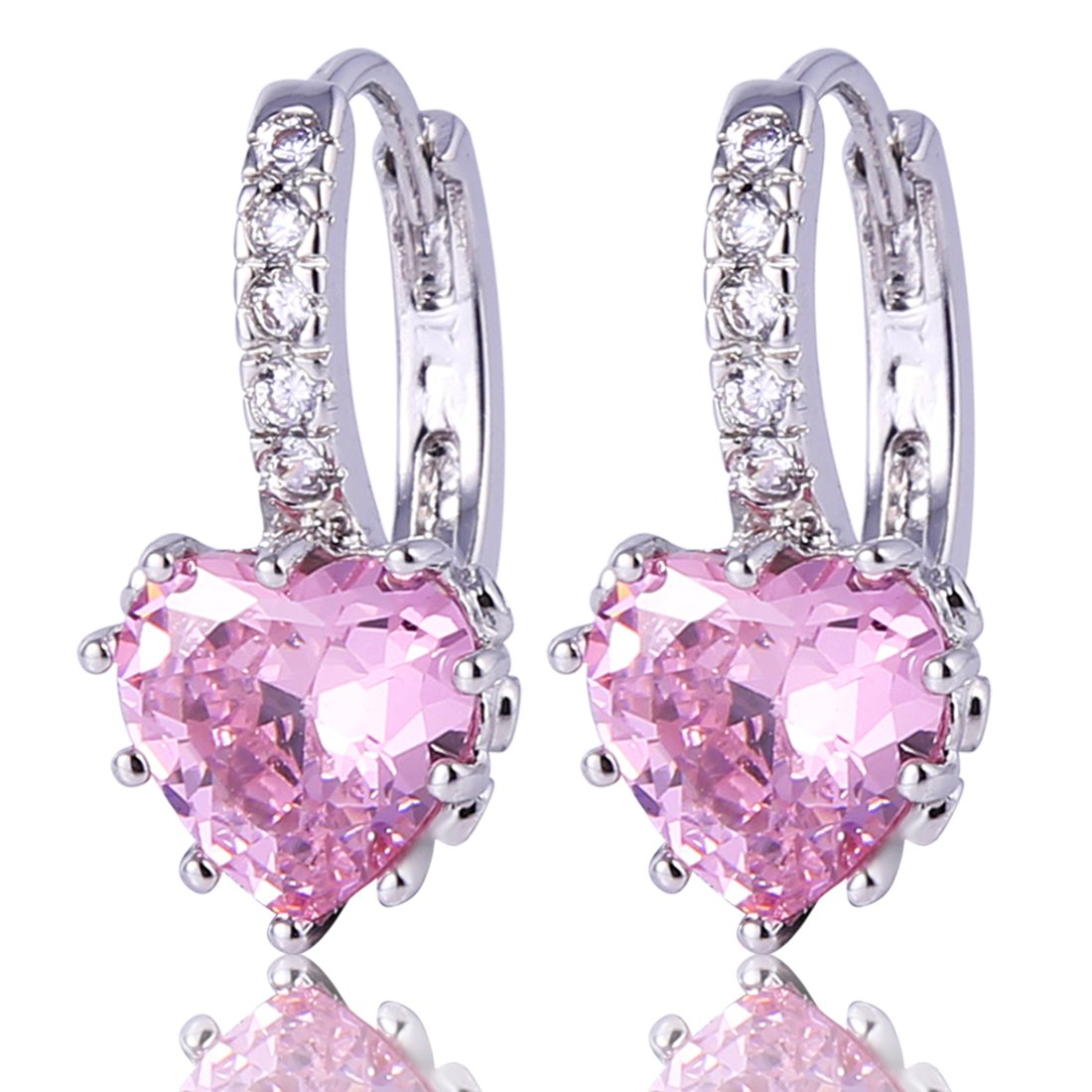GULICX 925 Sterling Silver Huggie Hoop Earrings for Girl Friend Love Heart Pink Stone Zircon