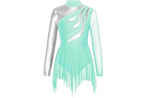 TSSOE Kids Girls Long Sleeve Sequins Printing Ice Roller Figure Skating Dress Illusion Ballet Dancewear